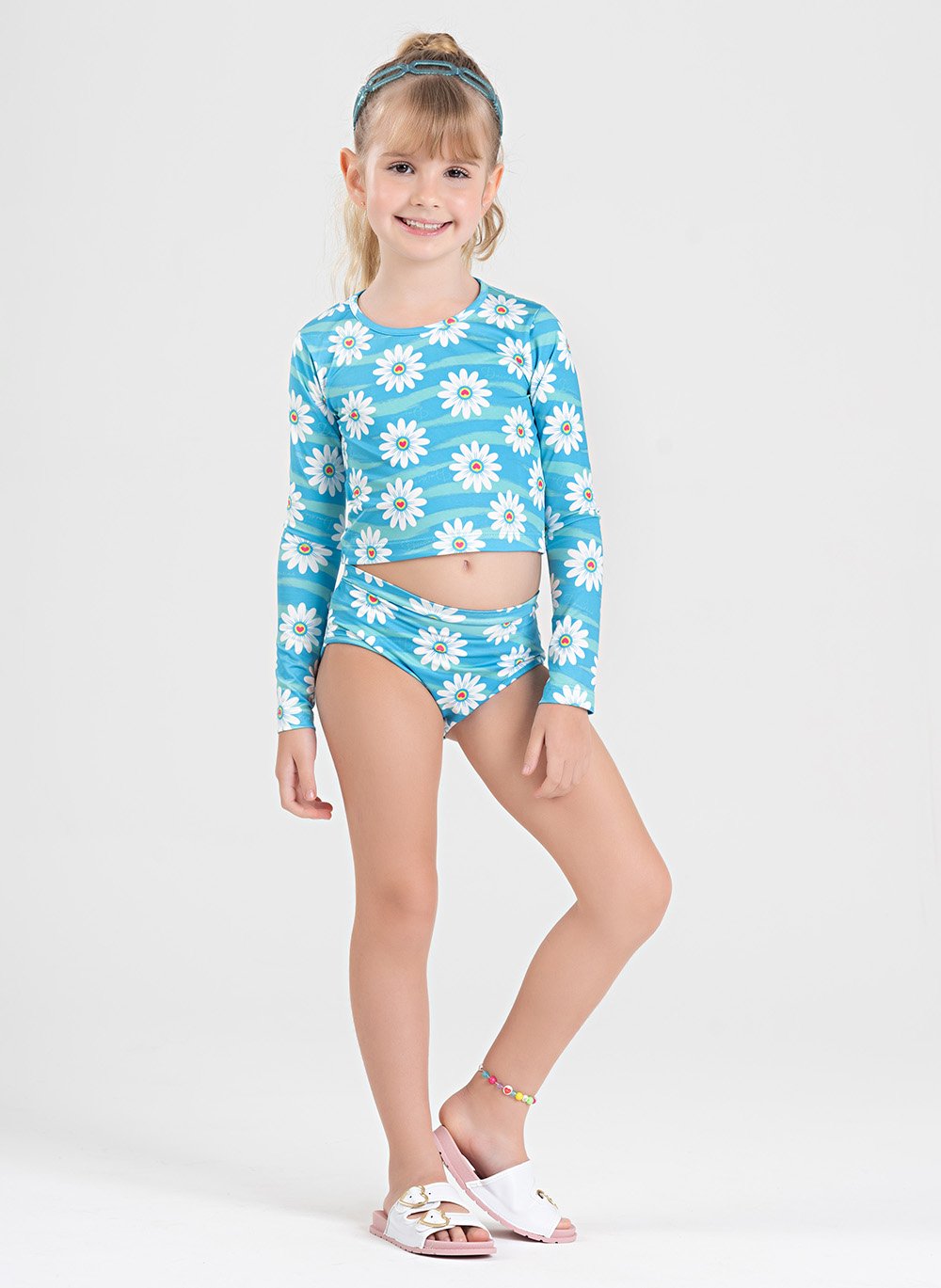 Conjunto Biquíni Infantil Menina Hawaii Manga Longa Proteção UV 50