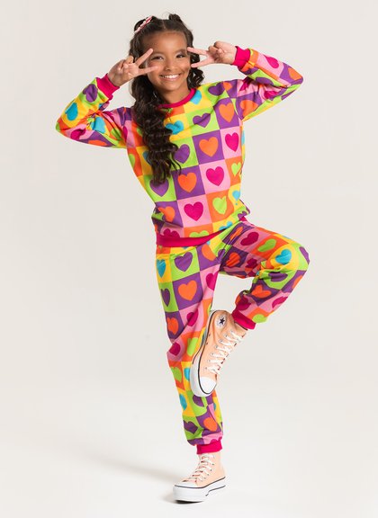Conjunto Inverno Menina Pink Blusão e Calça em Moletom Corações