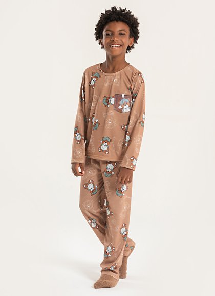 Pijama Longo Infantil Menino Marrom Blusa e Calça Ursinho com Boné