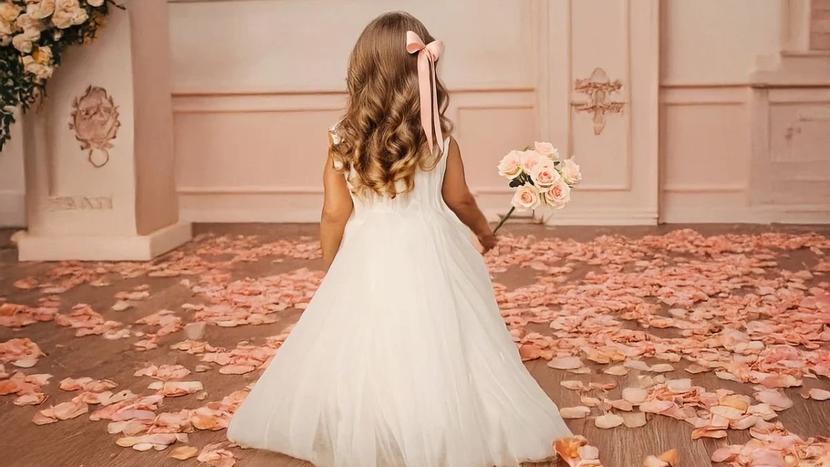menina com vestido branco com flores no chao